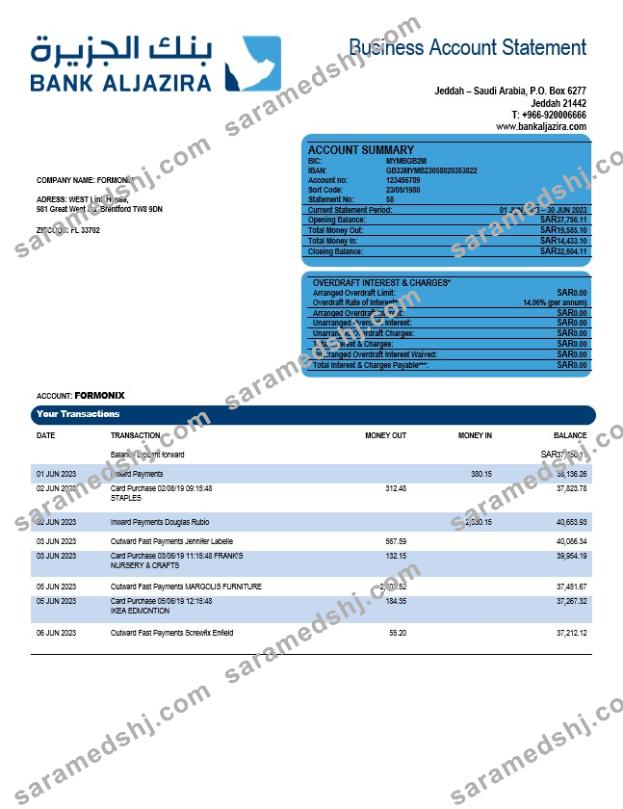 Bank AlJazira firm account statement Word and PDF template